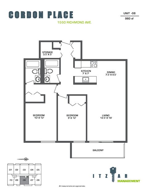Floor plan for 2 beds, 2 baths, 960 sqft