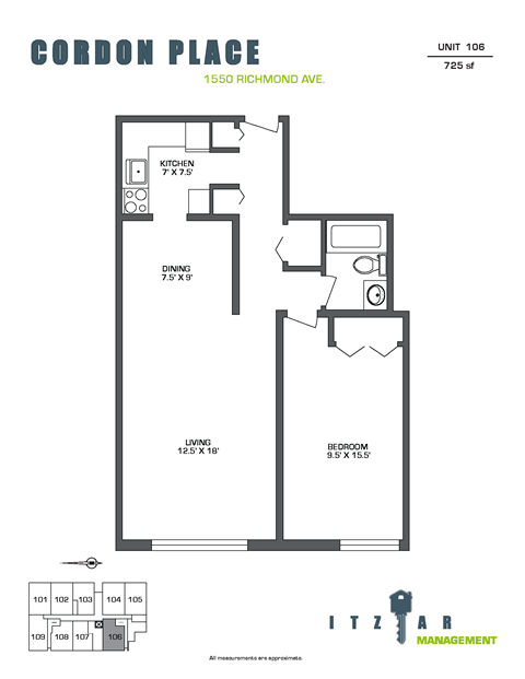 Floor plan for 1 bed, 1 bath, 725 sqft