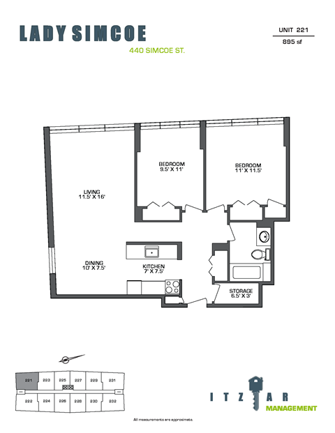 Floor plan for 2 beds, 1 bath, 895 sqft