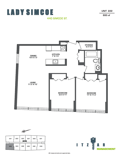 Floor plan for 2 beds, 1 bath, 895 sqft