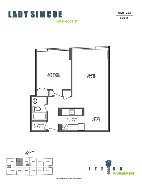 Floor plan for 1 bed, 1 bath, 695 sqft