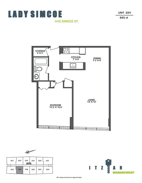 Floor plan for 1 bed, 1 bath, 695 sqft