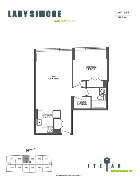 Floor plan for 1 bed, 1 bath, 595 sqft