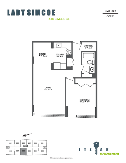Floor plan for 1 bed, 1 bath, 700 sqft