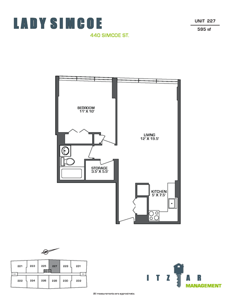 Floor plan for 1 bed, 1 bath, 595 sqft