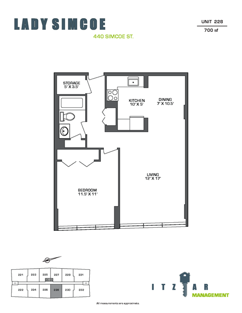 Floor plan for 1 bed, 1 bath, 700 sqft