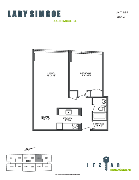 Floor plan for 1 bed, 1 bath, 695 sqft