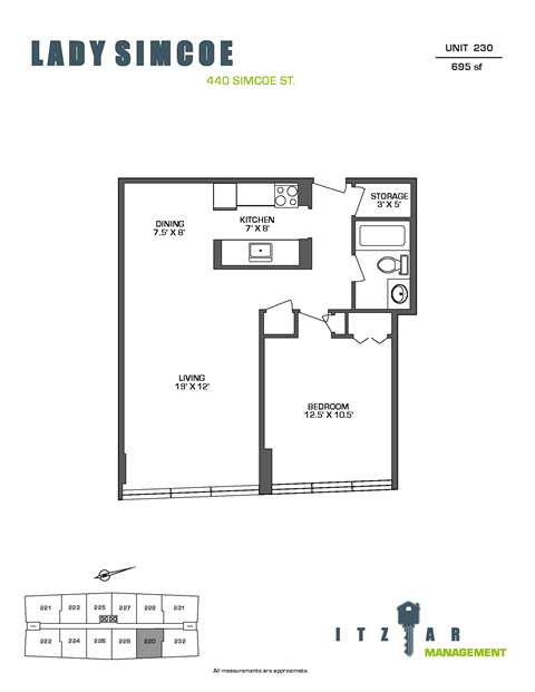 Floor plan for 1 bed, 1 bath, 695 sqft