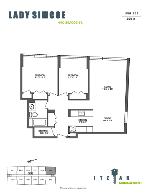 Floor plan for 2 beds, 1 bath, 895 sqft