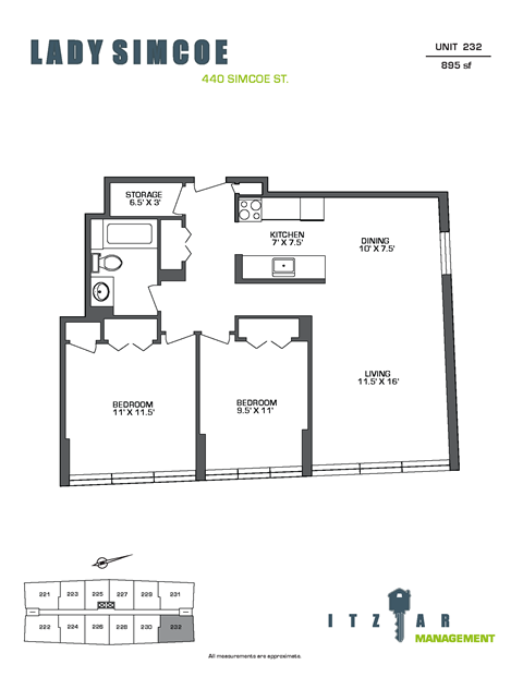 Floor plan for 2 beds, 1 bath, 895 sqft