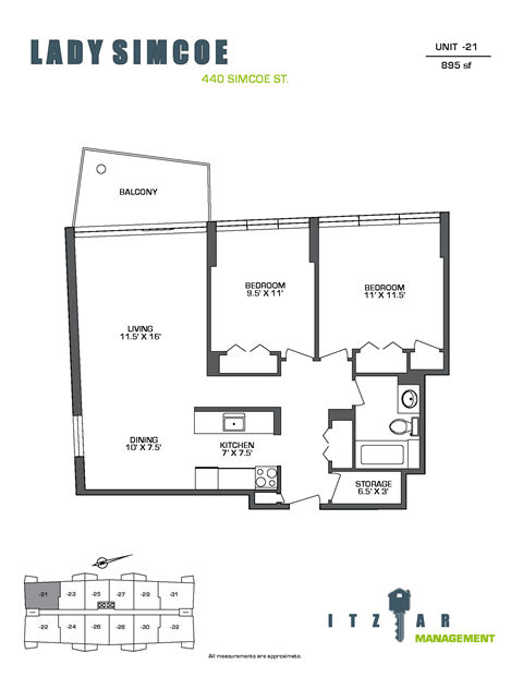 Floor plan for 2 beds, 1 bath, 895 sqft