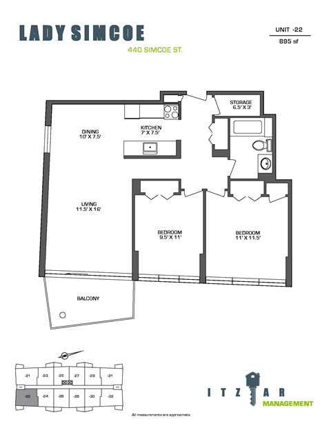Floor plan for 2 beds, 1 bath, 895 sqft