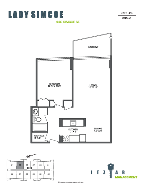 Floor plan for 1 bed, 1 bath, 695 sqft