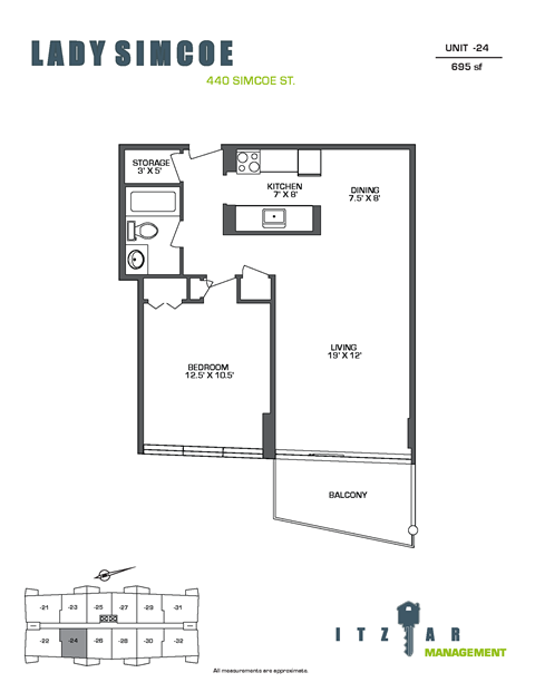 Floor plan for 1 bed, 1 bath, 695 sqft