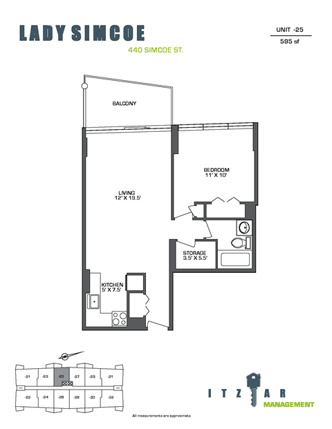 Floor plan for 1 bed, 1 bath, 595 sqft
