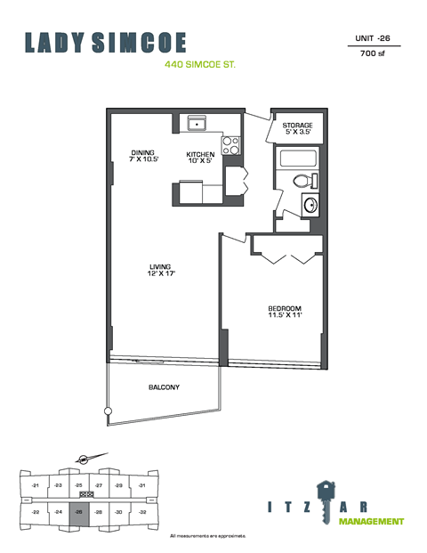 Floor plan for 1 bed, 1 bath, 700 sqft