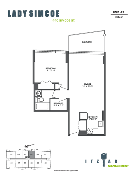 Floor plan for 1 bed, 1 bath, 595 sqft
