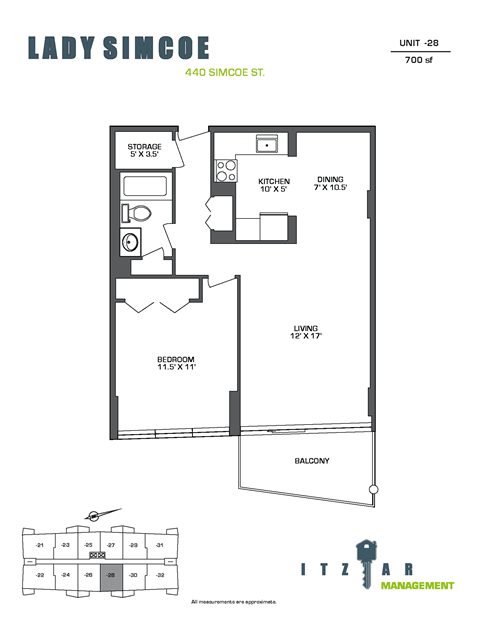 Floor plan for 1 bed, 1 bath, 700 sqft