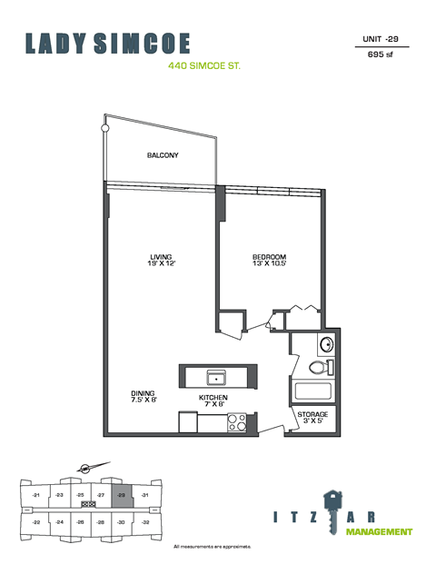 Floor plan for 1 bed, 1 bath, 695 sqft