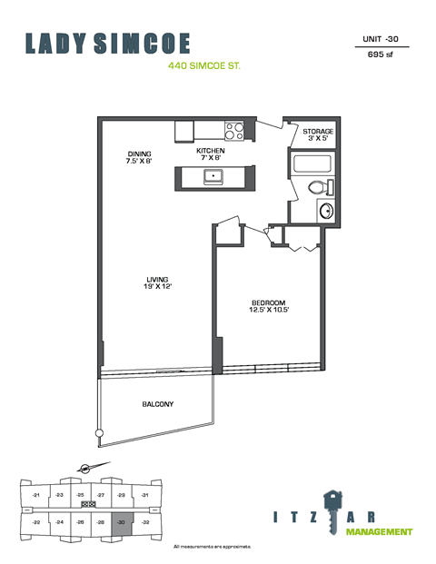Floor plan for 1 bed, 1 bath, 695 sqft