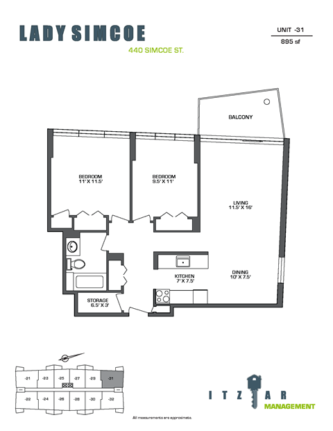 Floor plan for 2 beds, 1 bath, 895 sqft
