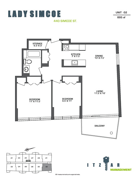 Floor plan for 2 beds, 1 bath, 895 sqft