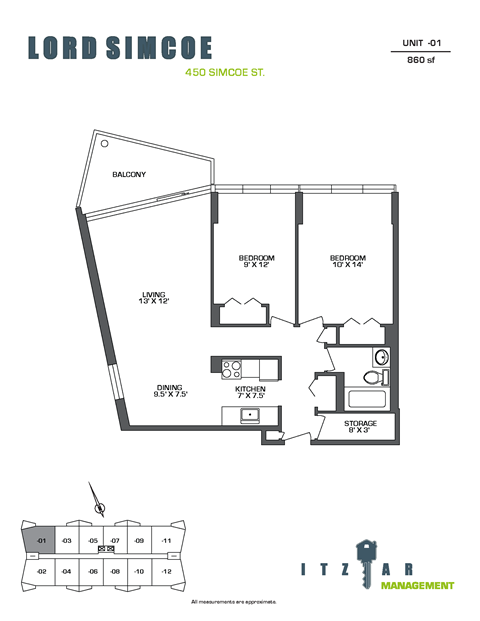 Floor plan for 2 beds, 1 bath, 860 sqft