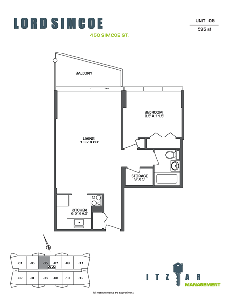 Floor plan for 1 bed, 1 bath, 595 sqft