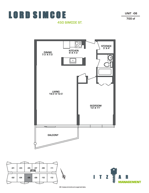 Floor plan for 1 bed, 1 bath, 700 sqft