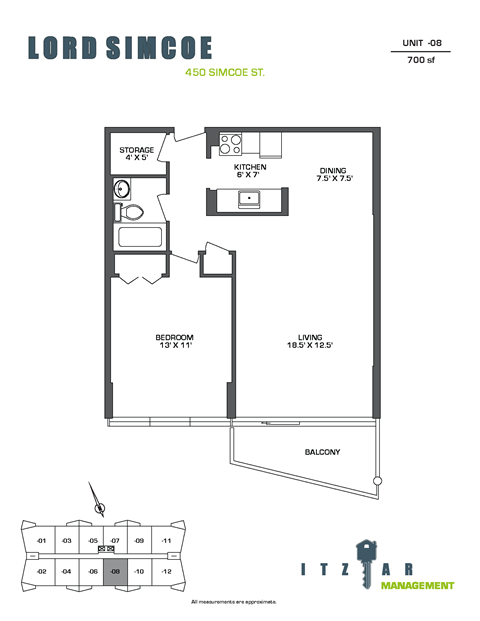 Floor plan for 1 bed, 1 bath, 595 sqft