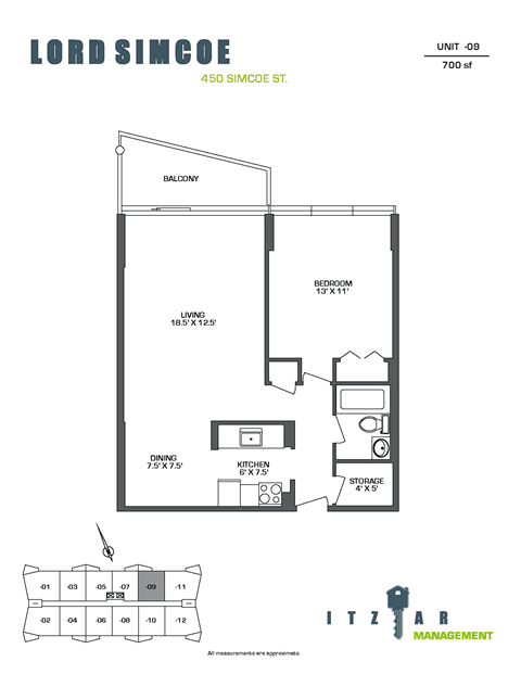 Floor plan for 1 bed, 1 bath, 700 sqft