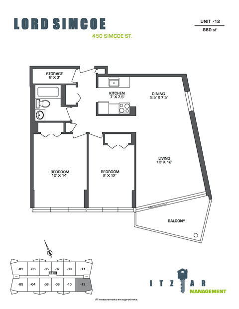 Floor plan for 2 beds, 1 bath, 860 sqft