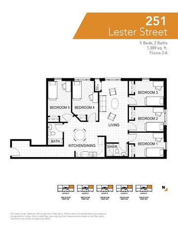 Waterloo apartment for rent - A floor plan for an apartment at 251 Lester Street, showing five bedrooms, two bathrooms, a living room, kitchen, and a laundry area.