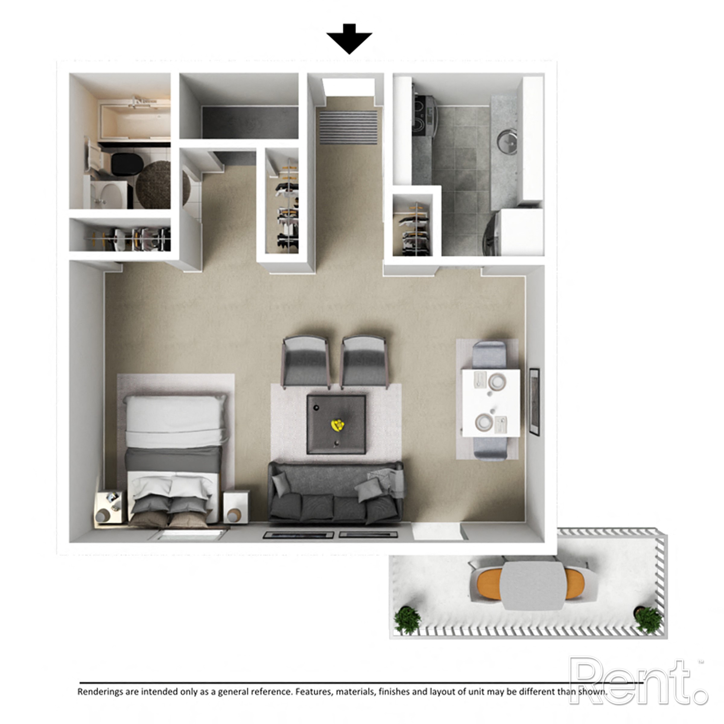 Floor plan for studio, 1 bath, 600 sqft