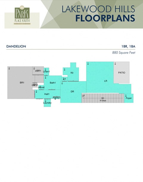Floor plan for 1 bed, 1 bath, 880 sqft