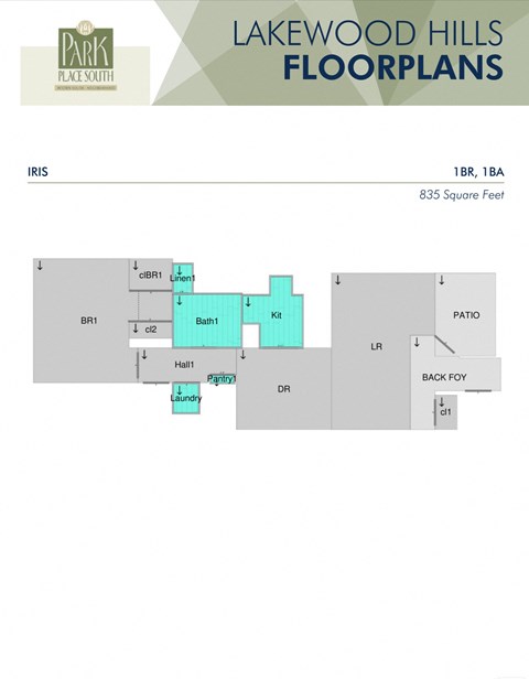 Floor plan for 1 bed, 1 bath, 835 sqft