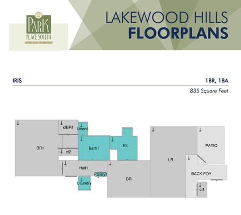 Floor plan for 1 bed, 1 bath, 805 sqft