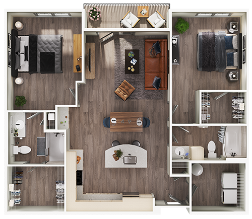 Floor plan for 2 beds, 2 baths, 1172 sqft
