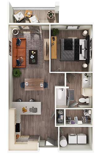 Floor plan for 1 bed, 1 bath, 722 sqft
