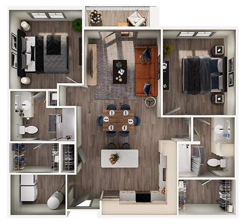 Floor plan for 2 beds, 2 baths, 1046 sqft