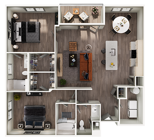 Floor plan for 2 beds, 2 baths, 1267 sqft