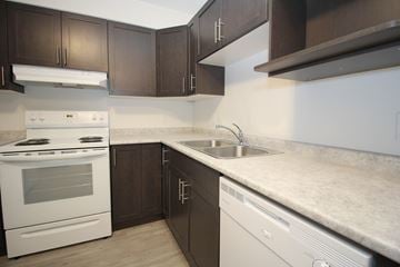 Brandon apartment for rent - A kitchen with a white stove top oven and a white dishwasher.