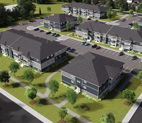 Brandon apartment for rent - A rendering of a modern apartment complex with multiple buildings and parking lots.
