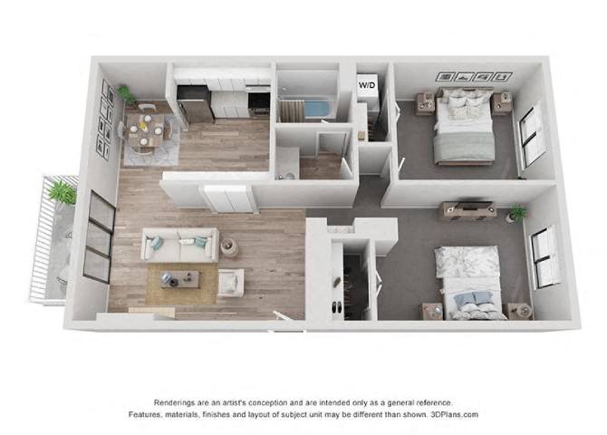 Floor plan for 2 beds, 1 bath, 950 sqft