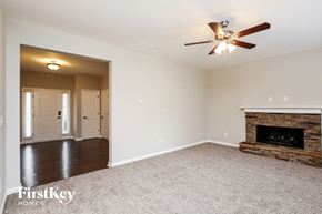 Dawsonville house for rent - a living room with a fireplace and a ceiling fan