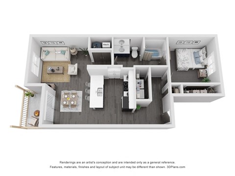 Floor plan for 1 bed, 1 bath, 771 sqft