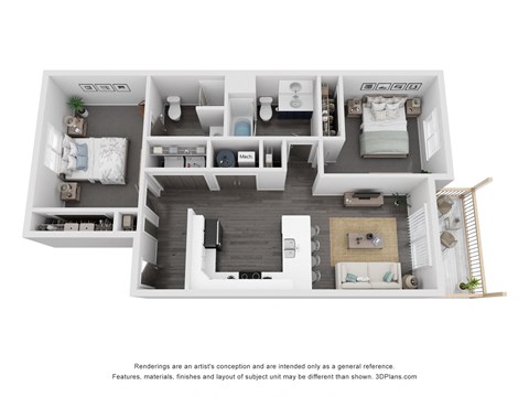 Floor plan for 2 beds, 2 baths, 913 sqft