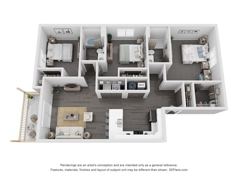Floor plan for 3 beds, 2 baths, 1263 sqft