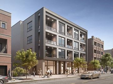Chicago apartment for rent - a rendering of an apartment building on a city street
