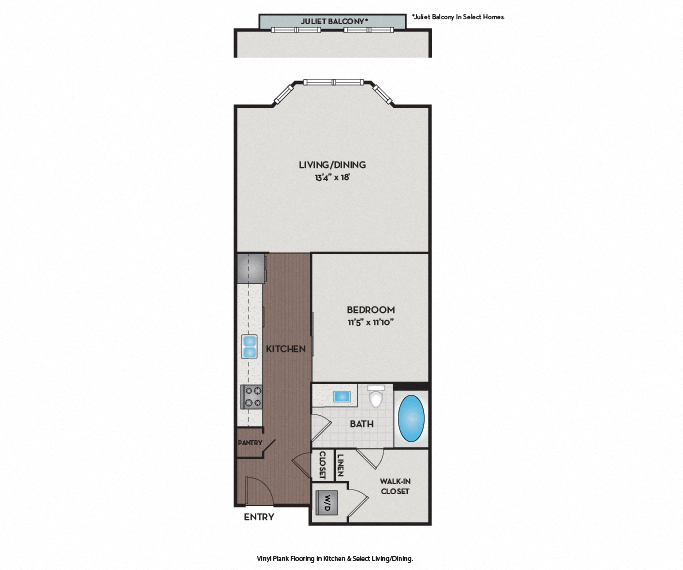 Floor plan for studio, 1 bath, 697 sqft